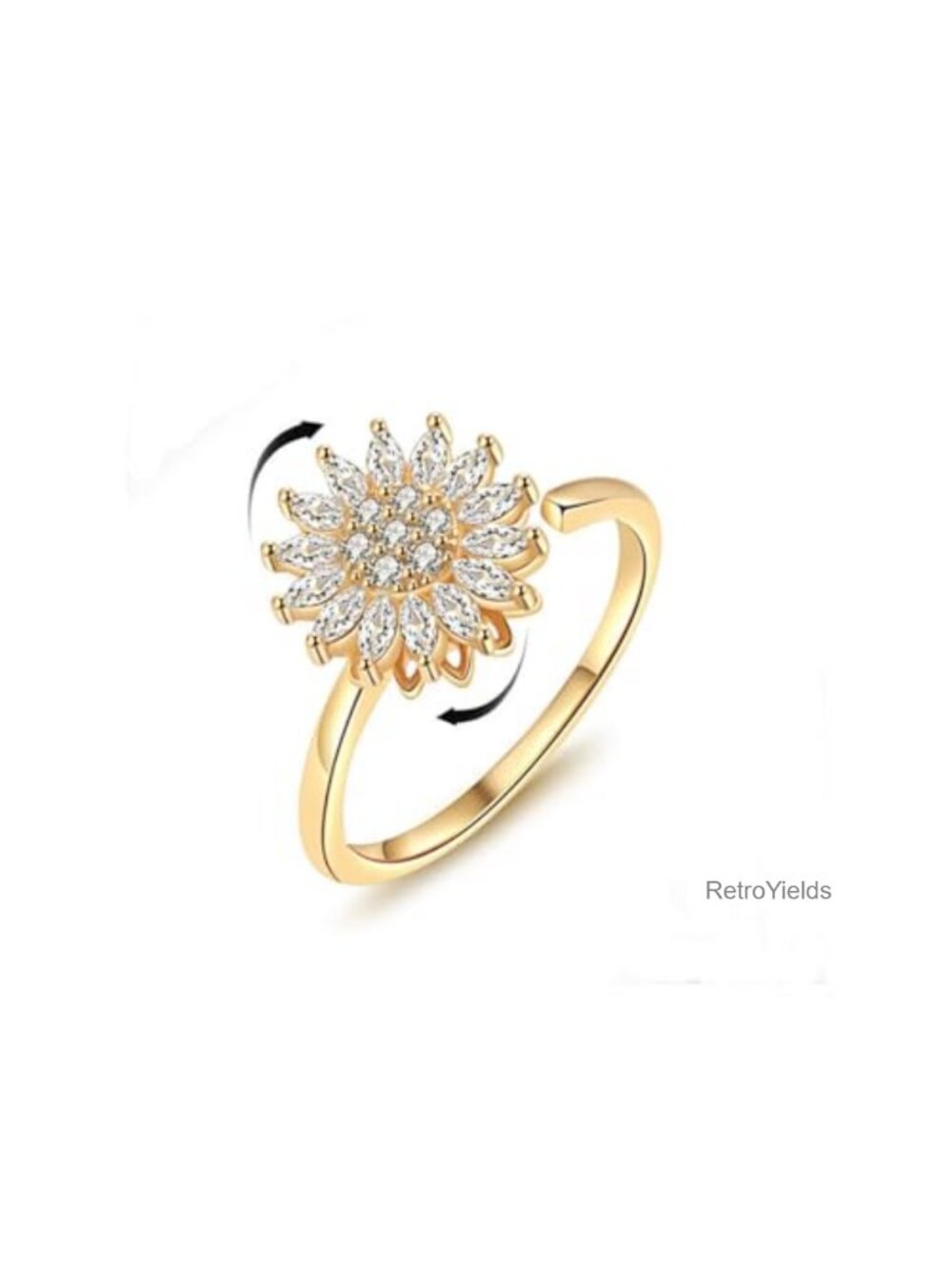 Gold Plated Sunflower Fidget Spinner Ring Cubic Zirconia Adjustable Anxiety